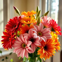 A stunning bouquet of radiant flowers, glistening with droplets of dew in the early morning light
