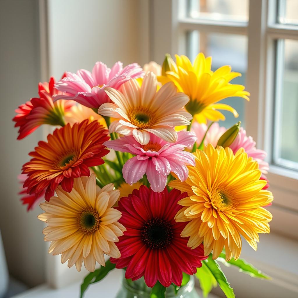 A stunning bouquet of radiant flowers, glistening with droplets of dew in the early morning light