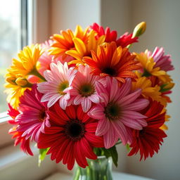 A stunning bouquet of radiant flowers, glistening with droplets of dew in the early morning light