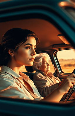 A captivating retro-style poster depicting the interior of a vintage car