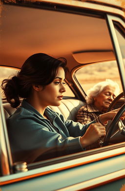 A captivating retro-style poster depicting the interior of a vintage car