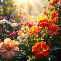 A vibrant and lush flower garden in full bloom, featuring an assortment of colorful flowers with dewdrops on their petals, glistening in the early morning light