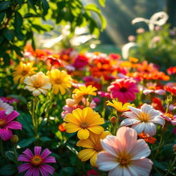 A vibrant and lush flower garden in full bloom, featuring an assortment of colorful flowers with dewdrops on their petals, glistening in the early morning light