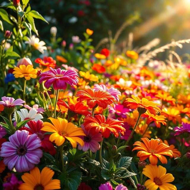 A vibrant and lush flower garden in full bloom, featuring an assortment of colorful flowers with dewdrops on their petals, glistening in the early morning light