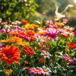 A vibrant and lush flower garden in full bloom, featuring an assortment of colorful flowers with dewdrops on their petals, glistening in the early morning light
