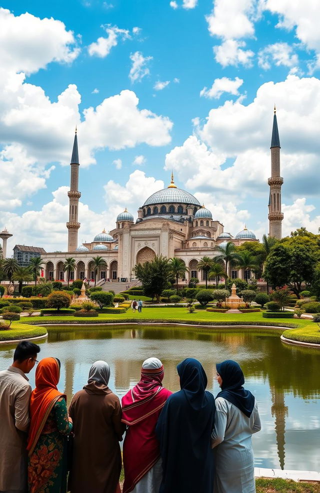 A serene and beautiful landscape showcasing Islamic architecture, featuring a majestic mosque with intricate geometric patterns, large domes, and tall minarets surrounded by lush gardens