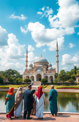 A serene and beautiful landscape showcasing Islamic architecture, featuring a majestic mosque with intricate geometric patterns, large domes, and tall minarets surrounded by lush gardens