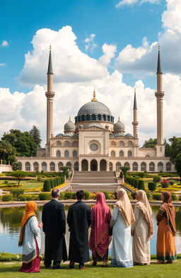 A serene and beautiful landscape showcasing Islamic architecture, featuring a majestic mosque with intricate geometric patterns, large domes, and tall minarets surrounded by lush gardens