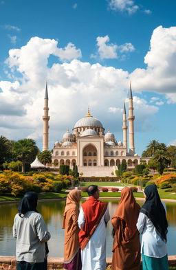 A serene and beautiful landscape showcasing Islamic architecture, featuring a majestic mosque with intricate geometric patterns, large domes, and tall minarets surrounded by lush gardens