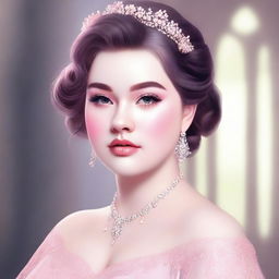 A high-quality digital art image showcasing a slightly chubby, slightly pale girl adorned with a stunning pink makeup look