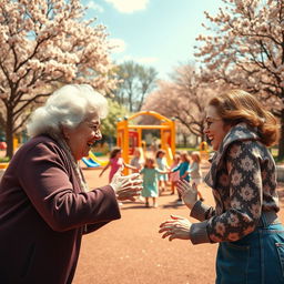 A captivating retro-style poster depicting a playful face-off between an elderly woman, aged sixty-six, and her adult daughter