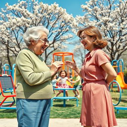 A captivating retro-style poster depicting a playful face-off between an elderly woman, aged sixty-six, and her adult daughter