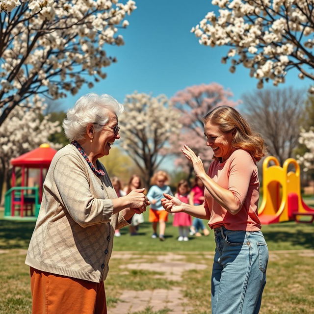 A captivating retro-style poster depicting a playful face-off between an elderly woman, aged sixty-six, and her adult daughter