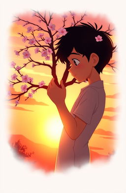 A romantic illustration depicting the essence of first love between two characters, Ana and Dev
