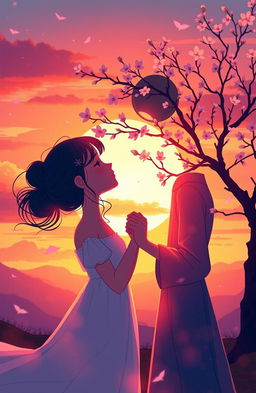 A romantic illustration depicting the essence of first love between two characters, Ana and Dev