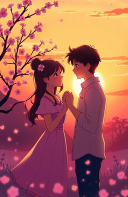 A romantic illustration depicting the essence of first love between two characters, Ana and Dev