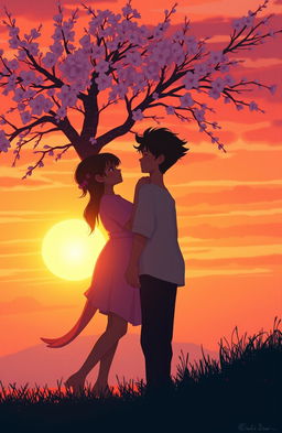 A romantic illustration depicting the essence of first love between two characters, Ana and Dev