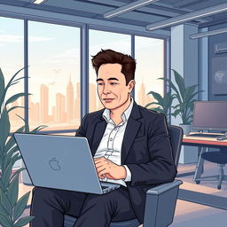 A professional illustration of Elon Musk sitting in a modern office, focused on working on a sleek laptop