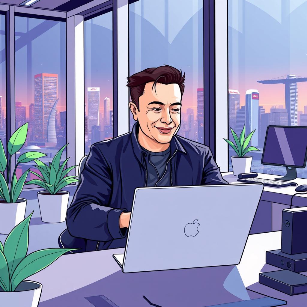 A professional illustration of Elon Musk sitting in a modern office, focused on working on a sleek laptop