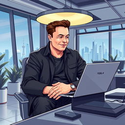 A professional illustration of Elon Musk sitting in a modern office, focused on working on a sleek laptop