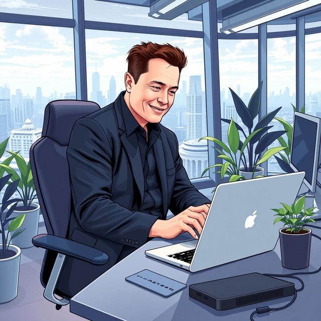 A professional illustration of Elon Musk sitting in a modern office, focused on working on a sleek laptop