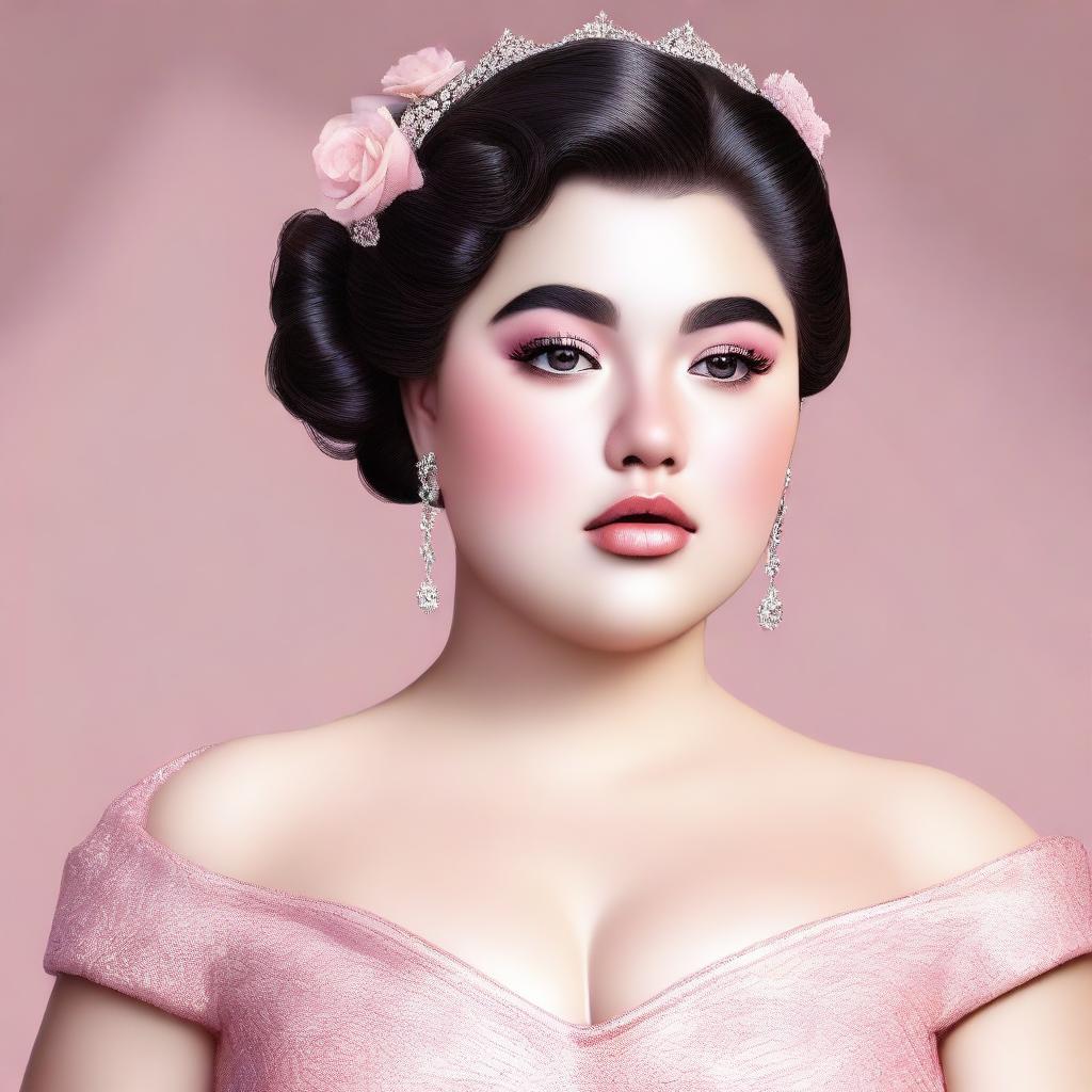 A high-quality digital art image portraying a slightly chubby girl with thin brows, elegantly dressed for prom