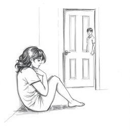 A poignant pencil sketch illustrating a side view of a woman curled up on the floor, crying softly, positioned against a wall
