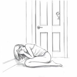 A poignant pencil sketch illustrating a side view of a woman curled up on the floor, crying softly, positioned against a wall