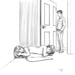 A poignant pencil sketch illustrating a side view of a woman curled up on the floor, crying softly, positioned against a wall