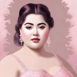 A high-quality digital art image portraying a slightly chubby girl with thin brows, elegantly dressed for prom