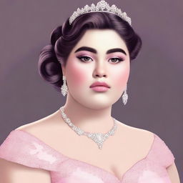 A high-quality digital art image portraying a slightly chubby girl with thin brows, elegantly dressed for prom