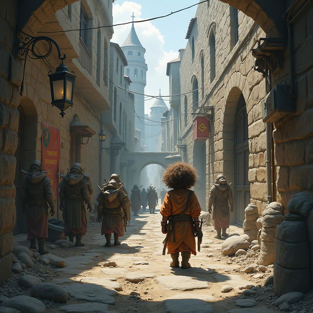 A detailed and evocative scene showcasing a halfling living in a medieval city characterized by heavy stone walls and corrupt guards