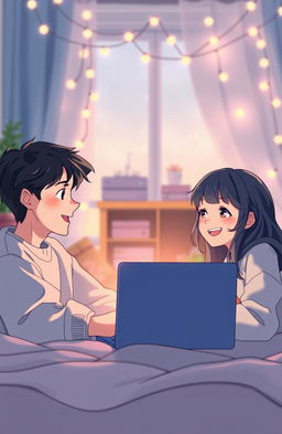 A heartfelt scene depicting two high school students, known as Plato, connected by the internet, slowly falling in love