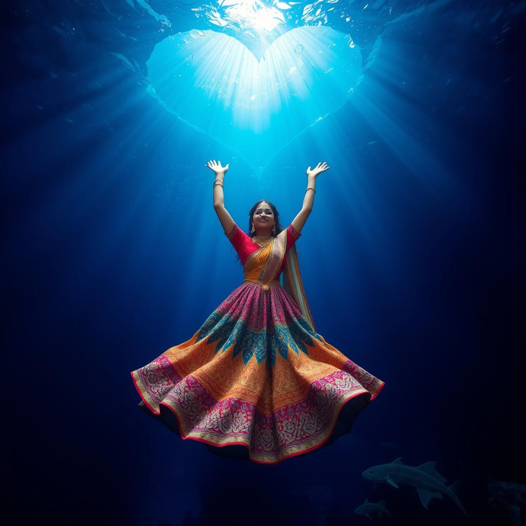 A stunning abyss in the deep, dark ocean, illuminated by a soft, radiant light filtering down from a heart-shaped ceiling above, creating a mystical ambiance