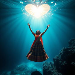 A stunning abyss in the deep, dark ocean, illuminated by a soft, radiant light filtering down from a heart-shaped ceiling above, creating a mystical ambiance