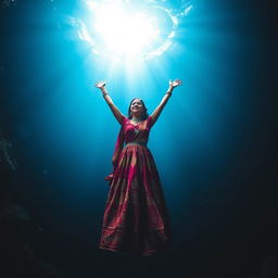 A stunning abyss in the deep, dark ocean, illuminated by a soft, radiant light filtering down from a heart-shaped ceiling above, creating a mystical ambiance