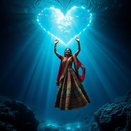 A stunning abyss in the deep, dark ocean, illuminated by a soft, radiant light filtering down from a heart-shaped ceiling above, creating a mystical ambiance