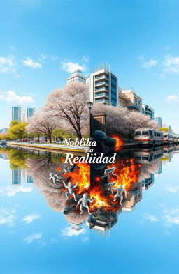 A striking visualization of a mirrored parallel city in South Korea: the upper half portrays a peaceful urban landscape with cherry blossom trees, serene parks, and calm pedestrians basking in a bright day under a clear blue sky