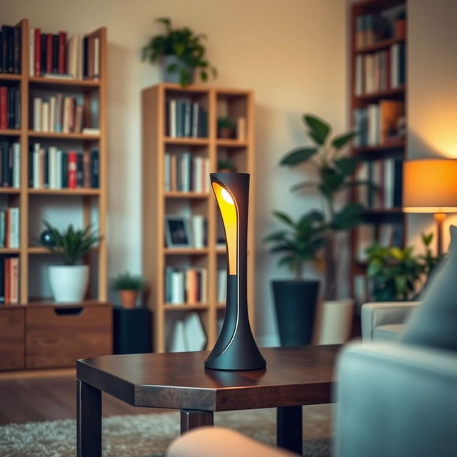 A beautifully designed modern lamp placed on an elegant wooden table, softly illuminating a cozy living room