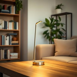 A beautifully designed modern lamp placed on an elegant wooden table, softly illuminating a cozy living room