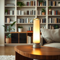 A beautifully designed modern lamp placed on an elegant wooden table, softly illuminating a cozy living room