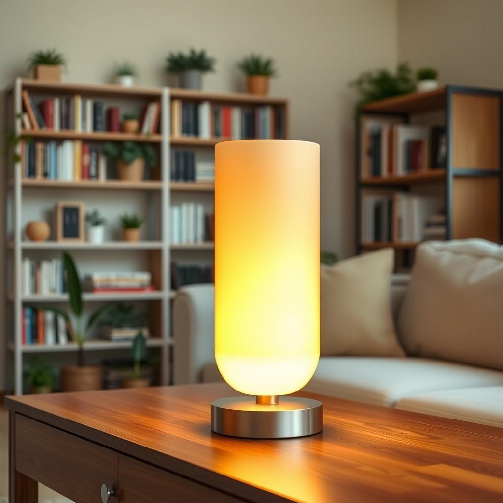 A beautifully designed modern lamp placed on an elegant wooden table, softly illuminating a cozy living room