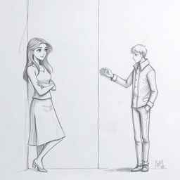 A tender pencil sketch illustrating a man and a woman separated by a wall