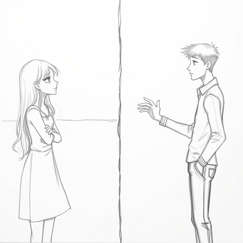 A tender pencil sketch illustrating a man and a woman separated by a wall