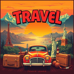 A captivating retro style poster featuring a vibrant travel theme, with bold colors and eye-catching typography