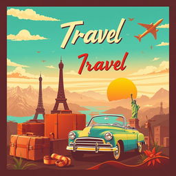 A captivating retro style poster featuring a vibrant travel theme, with bold colors and eye-catching typography