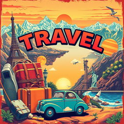A captivating retro style poster featuring a vibrant travel theme, with bold colors and eye-catching typography