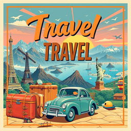 A captivating retro style poster featuring a vibrant travel theme, with bold colors and eye-catching typography