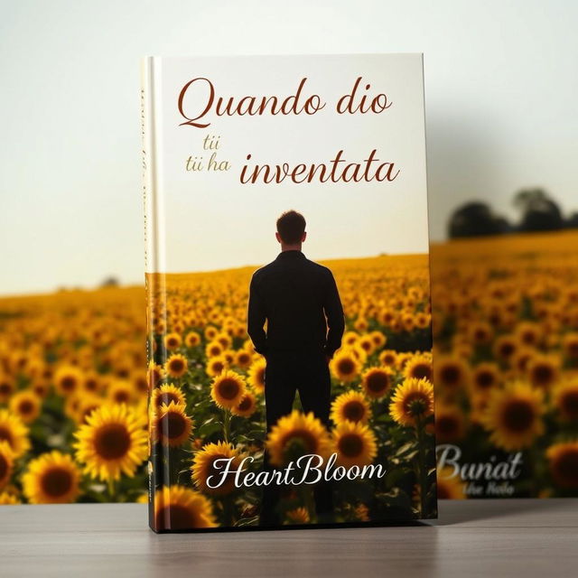 A beautiful book cover showcasing the silhouette of a man standing against a backdrop of a vast sunflower field