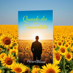 A beautiful book cover showcasing the silhouette of a man standing against a backdrop of a vast sunflower field